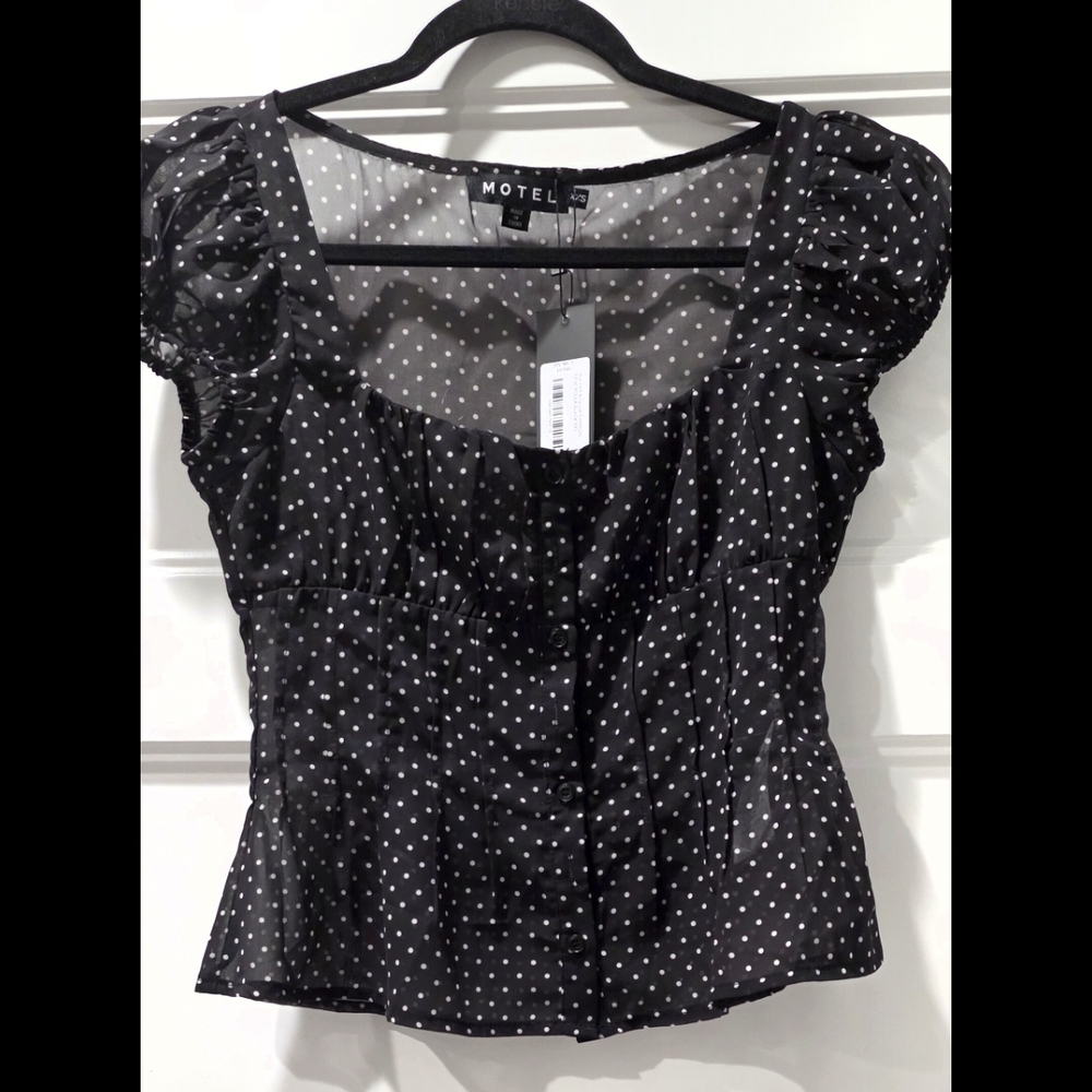 Motel Rocks Black White Polka Dot Puff Sleeve Button-Up Top
